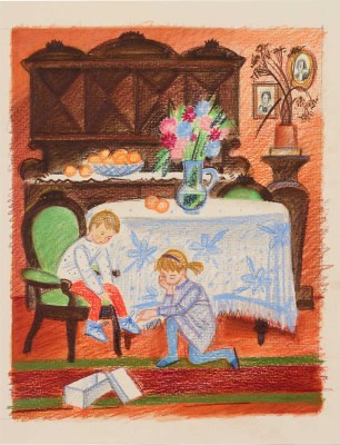 Кольцова Елизавета Алексеевна. Иллюстрация к с. 92 кн.: Глушнев Г.З. Упрямый воробей: [Стихи: для дошк. возраста] / Худож. Л. Кольцова. М.: Малыш, 1991 Бумага, пастельный карандаш